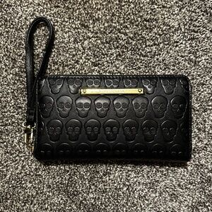 Betsey Johnson Black Embossed Skull Wristlet with Gold Plate